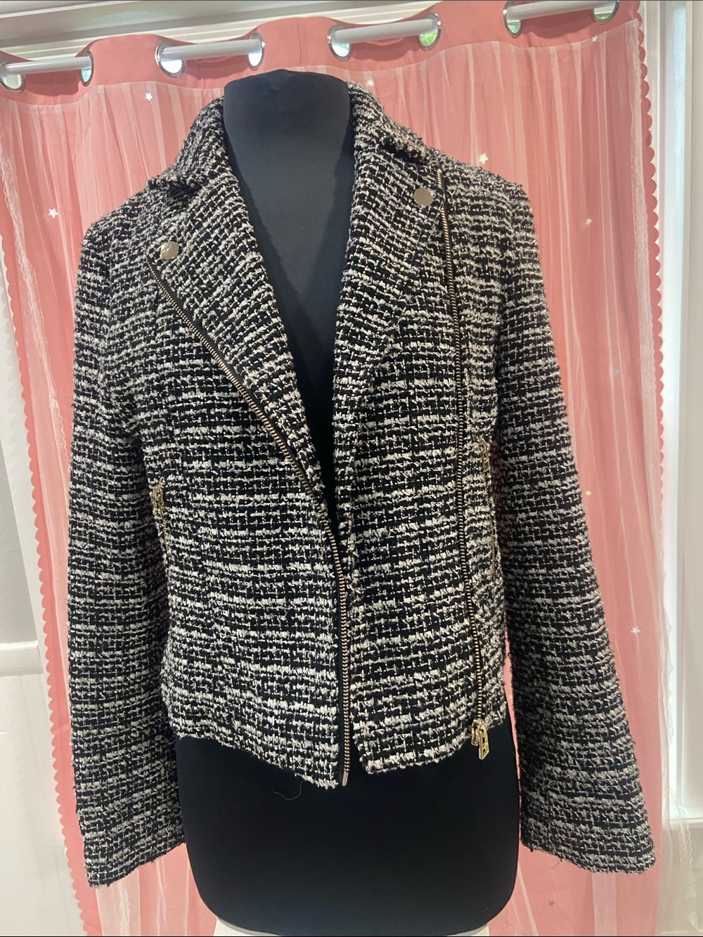 Miss Selfridge Black & White Tweed Moto Blazer